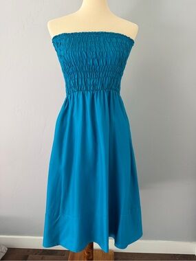 DKNY 100% Silk Strapless Smocked Dress Peacock Teal Ocean Blue - Small